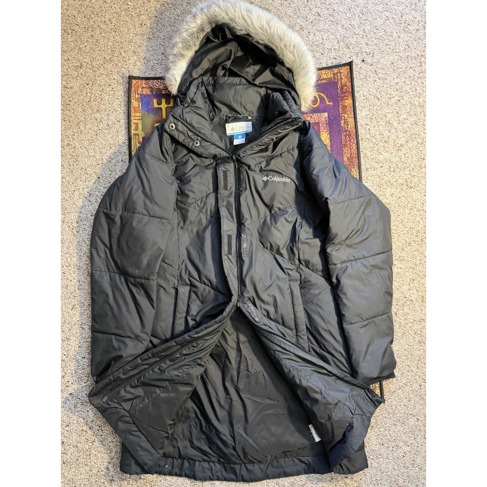 Columbia Women's Quilted Long Hooded Coat‎ with Fur Trim Black Size S